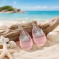 Pink sea glass silver shell hook earrings for women beach ocean style fashion jewelry accessory - Pink Shell Earrings (24043006)