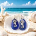 Blue sea glass seahorse hook earrings beach style ocean jewelry variant product display - Dark Blue Seahorse Earrings (24043006)