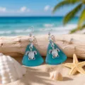Ocean style silver sea turtle blue sea glass drop earrings beach vacation jewelry cute gift - Lake Blue Sea Turtle Earrings (24043005)