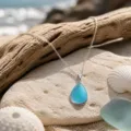 Ocean style teardrop blue sea glass pendant necklace with silver chain for women beach jewelry. - Lake Blue Teardrop Style (26042006)