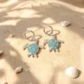Ocean style sea turtle dangle earrings with turquoise mosaic, elegant jewelry gifts for women. - Earrings