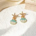 Pendientes de estrella de mar y concha con esmalte azul y perlas para vacaciones de verano. - Concha - Azul Lago