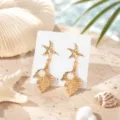 Pendientes dorados de estrella de mar y concha con perla artificial, estilo playa tropical. - Estilo 5