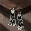 Boho μαύρα άσπρα χάντρες κρόσσια σκουλαρίκια μακριά γεωμετρικά statement γυναίκα - Ασπρόμαυρο Patchwork