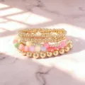 Set di bracciali sovrapposti con perline di metallo dorato e pietra occhio di gatto per donna - Stile 5