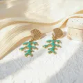Pendientes de concha dorada y coral verde con aceite de goteo, estilo vacacional de verano. - Coral - Azul Lago