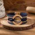 Bracelet en cuir multicouche avec strass et boucle magnétique cercle doré pour femme. - Bleu