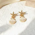 Pendientes de perla con concha de estrella de mar dorada playa verano estilo océano - Concha - Blanco
