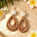 Handgemaakte rattan oorbellen druppelvorm met witte bloem boho vakantie strand sieraden - Stijl 5