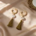 Boucles d'oreilles perles pampilles dorees style boheme vert frange mode bijou variante - Jaune-vert