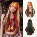 Lange glatte Perücke mit Pony, schwarz rot gelbe Strähnen, bunte Cosplay Haare für Damen. - Deutschland Flaggenfarbe langes glattes Haar / 24 Zoll / Schwarz Gold Rot Highlights