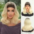 Blonde kurze lockige Perücke mit braunem Stirnband synthetisch hitzebeständig 14 Zoll - Platingold-Verlauf