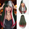 Lange glatte Perücke mit grünen, weißen und roten Strähnen, Pony, 24 Zoll mehrstufiges Haar. - Mexiko Flaggenfarbe langes glattes Haar / 24 Zoll / Grün Weiß Rot Highlights