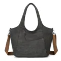 Borsa a tracolla in tela grigio scuro vintage con cinturini marroni, grande borsa casual capiente. - Nero