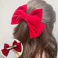 Red velvet hair bow barrette for women and girls, elegant double layer design with secure metal clip. - Plain Bright Red Spring Clip