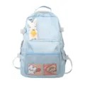 Zaino da studente azzurro casual con ciondolo in peluche di coniglio e tasche a rete. - Borsa Singola / Blu