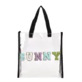 Borsa mare trasparente in PVC da donna, shopper jelly estiva con lettere colorate SUNNY. - Nero