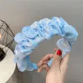 Light blue ruffled headband with delicate rhinestones, fluffy design for sweet hair styling. - Sky Blue Rhinestone