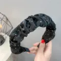 Black pleated rhinestone headband, elegant hair hoop with sparkling crystals for daily wear. - Rhinestone Black Style