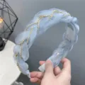 Blue organza rhinestone braided headband, elegant hair hoop with teeth for women daily styling. - Chain Smoke Gray