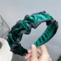 Green and black velvet headband with pleated ruffle design, perfect for autumn and winter. - Dark Green