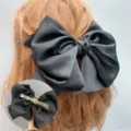 Black satin large bow hairpin elegant vintage hair clip spring barrette for women - Spring Clips / Black