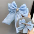 Blue bow hair clip with pearls and long ribbons, sweet lolita hair accessory for women. - Duckbill Hair Clips / Sky Blue