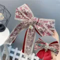 Wine red lace double layer bow hair clip with elegant pearl pendant variant accessory - Spring Clips / Burgundy