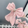 Pink satin bow hair clip with pearl rhinestone center, elegant sweet lolita hair accessory barrette - Spring Clips / Pink