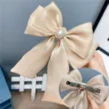 Champagne organza bow hair clip with pearl rhinestone center for elegant women and girls daily wear - Spring Clips / Beige