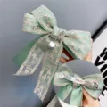 Green lace bow hair clip with pearl pendant sweet vintage ribbon spring hair barrette - Spring Clips / Fruit Green