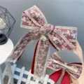 Sweet lace double bow hair clip with elegant pearl pendant, vintage hair accessories for girls. - Duckbill Hair Clips / Burgundy