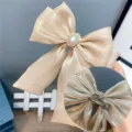 Champagne Bow Hair Clip Pearl Rhinestone Ribbon Barrette Elegant Hair Accessory for Women - Brooch Clip / Beige