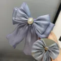 Blue grey long ribbon hair bow clip with pearl rhinestone center elegant hair accessory - Brooch Clip / Gray