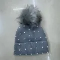 Grey knitted winter hat for women with pearls and large pom-pom, warm and thick beanie cap. - One Size / Bead-Embellished Knit Beanie - Gray