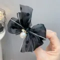 Black Polka Dot Bow Hair Claw Clip with Pearl Charm Sweet Elegant Hair Accessory for Women - Black Polka Dot (Horizontal)