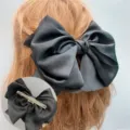 Black satin large bow hair clip, elegant French style spring hairpin for women and girls. - Duckbill Hair Clips / Black