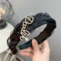 Black braided mesh headband with rhinestone letter ornament and crystal pendant chic hair accessory - Script Black