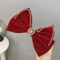 Red velvet hair bow clip, elegant rhinestone bowknot headwear for wedding bridal dress styling. - A184 Middle Big Rhinestone Burgundy