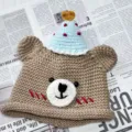 Handmade cute cartoon bear knitted beanie hat with mini hat decor warm winter gift - M (56-58cm) / Birthday Bear Knit Hat - Khaki