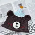 Handmade crochet cute bear hat detail shot, soft wool knit winter accessory gift. - M (56-58cm) / Birthday Bear Knit Hat - Coffee