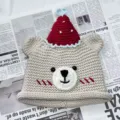 Handmade crochet bear beanie hat detail, cute winter knit cap with red hat and heart accent. - M (56-58cm) / Birthday Bear Knit Hat - Beige