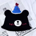 Handmade crochet cute bear winter warm beanie hat with party hat for women and bestie gifts - M (56-58cm) / Birthday Bear Knit Hat - Black