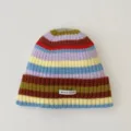 Gorro de punto de rayas coloridas para mujer, gorro de invierno cálido con pequeño parche. - L (58-60cm) / Marrón Café