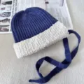 Winter women knitted beanie hat with fluffy plush cuff and long ties warm casual cap. - One Size / Blue