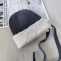 Winter knitted hat for women, plush spliced warm beanie with earflap and ties for cold days. - One Size / Dark Gray