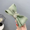 Green corduroy bow hair clip with sparkling rhinestone bunny, cute autumn winter hair accessory. - Bow Rhinestone Rabbit / Fruit Green