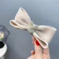 Knit bow hair clip with rhinestone rabbit detail, perfect cute autumn winter hair accessory - Bow Rhinestone Rabbit / Beige