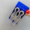 Detailed view of long rhinestone fringe earrings, sparkling crystal tassel design for women. - Jellyfish