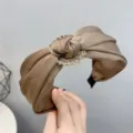 Elegant satin knotted wide headband with sparkling rhinestone embellishment for women. - Coffee